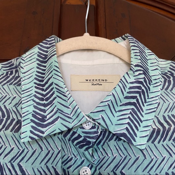 MaxMara Weekend Gauzy Resort Button-Down Shirt in Aqua and Blue Chevron - Picture 3 of 9